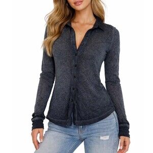 Free People cardigan shirt blouse charcoal gray button up top collared SZ T/P XS